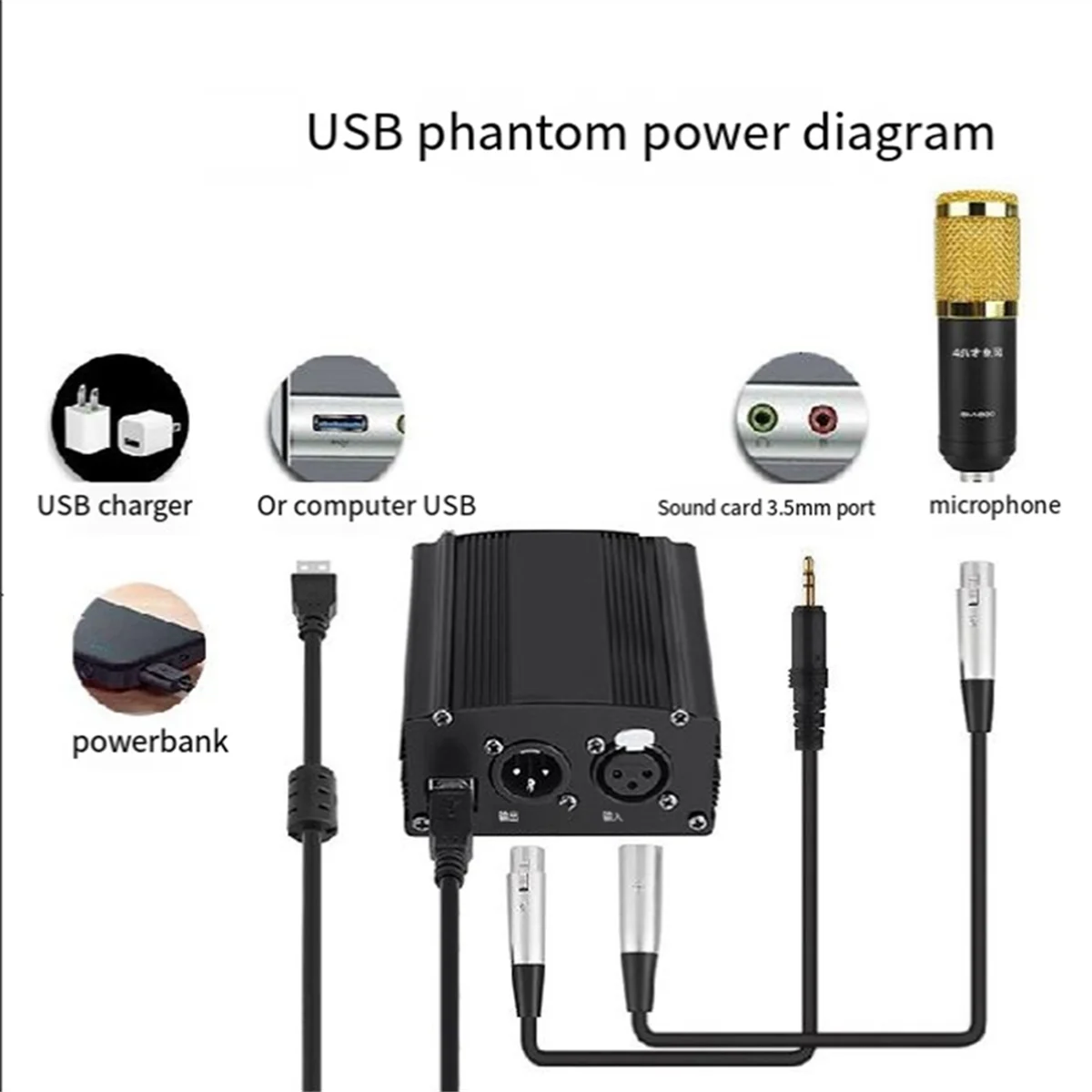 1-Channel 48V Phantom Power Supply with XLR 3 Pin Microphone Cable for Condenser Microphone Music Recording Equipment Oasis Select