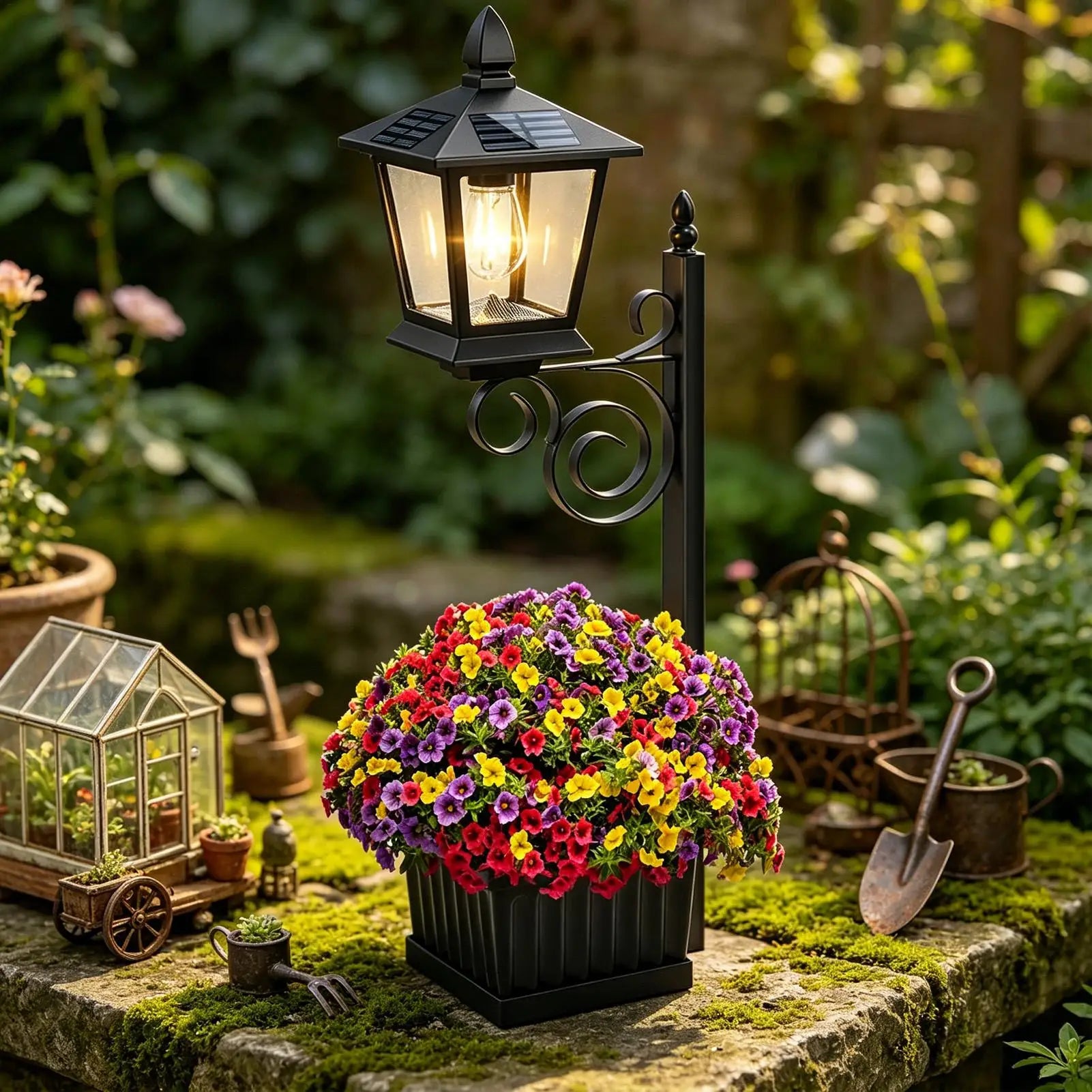 Solar Light Post with Planter 2-in-1 Flower Pot with Solar Lantern Decorative Lights Planter for Garden Patio Porch Backyard Oasis Select