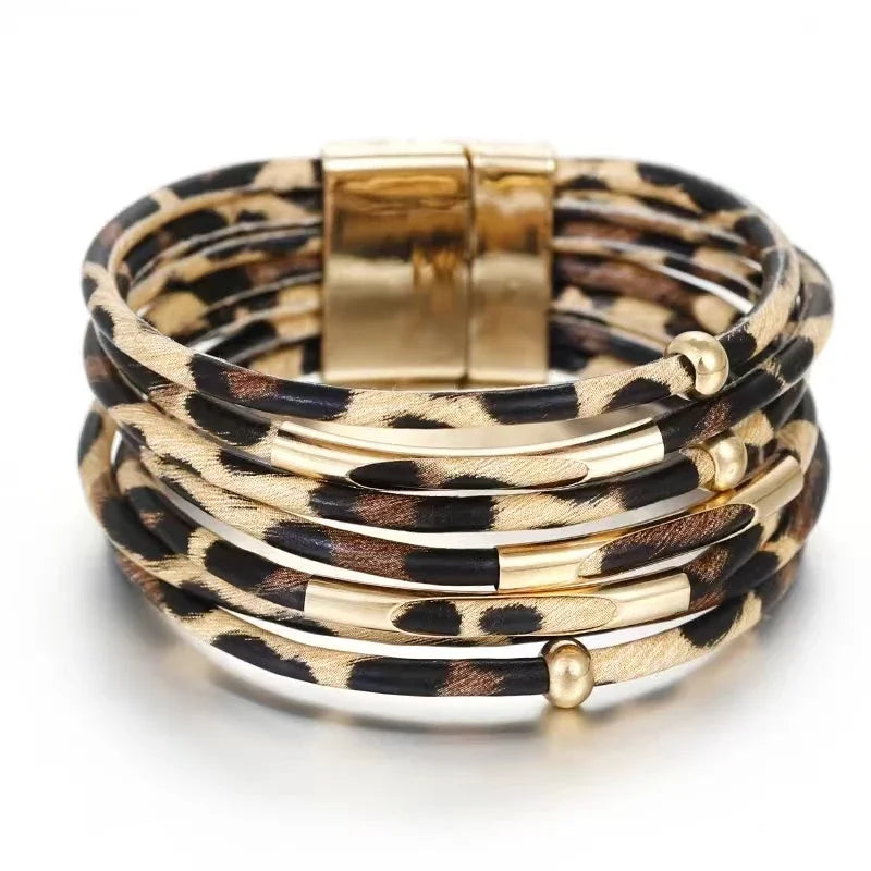 Vintage Metal Tube Leopard Leather Bracelet For Women Men Boho Multilayer Wrap Wide Bracelet Charm Jewelry Oasis Select ASL70473 19cm
