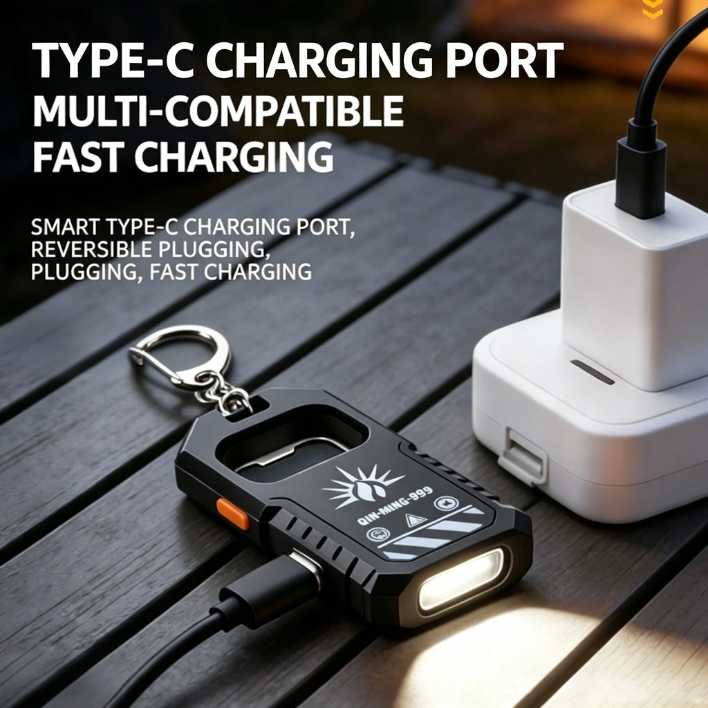 COB LED Keychain Flashlight USB-C Rechargeable + Bottle Opener