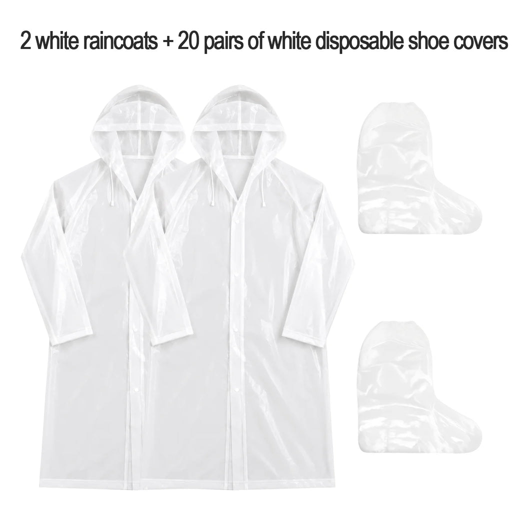 White Raincoat with 10 Disposable Shoe Covers Waterproof Adult Poncho Set for Outdoor Travel Camping Hiking Rain Protection Gear Oasis Select 2PCS-White