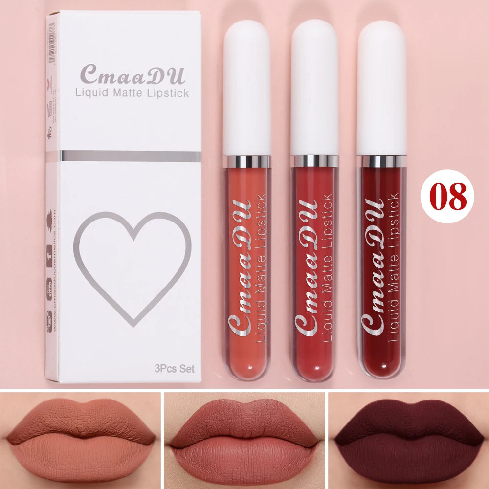 3 Pcs Matte Lipstick Lip Gloss Sets Long-Lasting Non-Fading Waterproof Non-stick Cup Exquisite Gift Everyday Holiday Universal Oasis Select 08