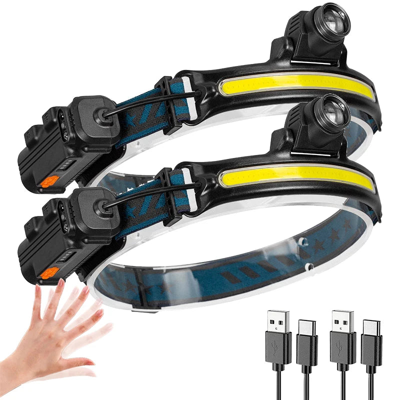 Powerful LED Sensor Headlamp USB Rechargeable Head Flashlight with 2000Mah Built in Battery Outdoor Camping Fishing Head Lantern Oasis Select 2PCS