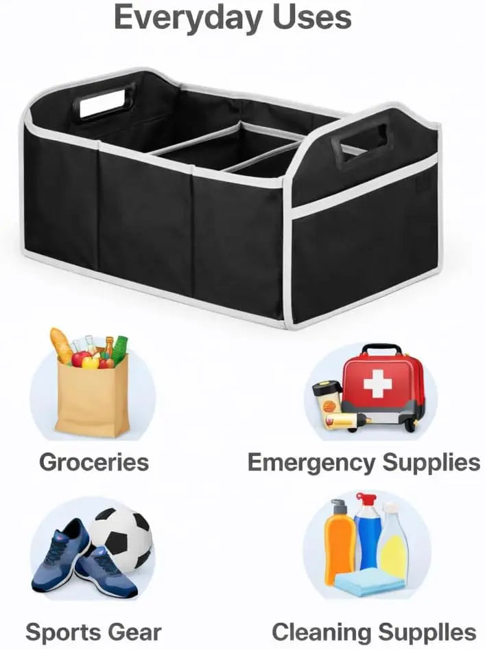 Foldable Car Trunk Organizer 3-Compartment Cargo Storage Bag, Camping Gear & Groceries, Fits All Vehicles, Black Oasis Select