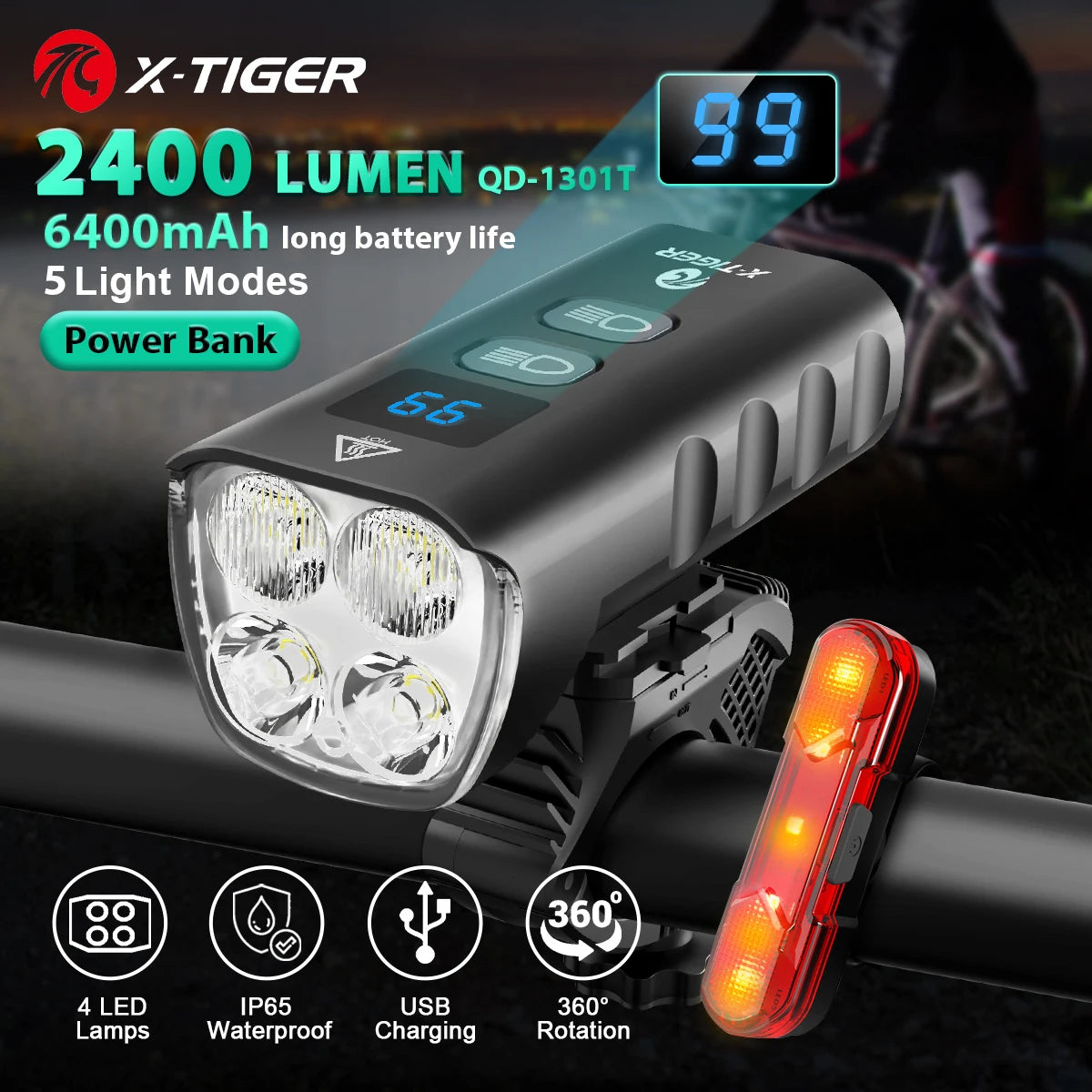 X-TIGER Bike Front Light 6400mA Rechargeable Bicycle Light 2400LM Cycling Headlight LED Flashlight MTB Bike Lamp Oasis Select