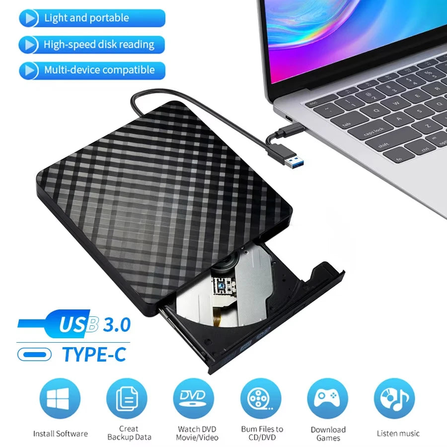 2-in-1 USB 3.0 TypeC Slim External DVD RW CD Writer Drive Burner Reader Player Optical Drives for Laptop Desktop PC DVD Burner Oasis Select