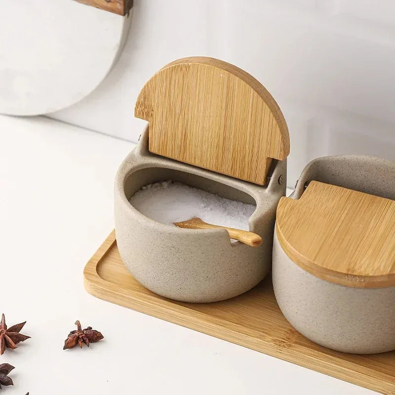 1pcs Ceramic Spice Jar with Bamboo Lid Spoon Japanese Style Seasoning Canister Salt Sugar Storage Container Kitchen Household Oasis Select