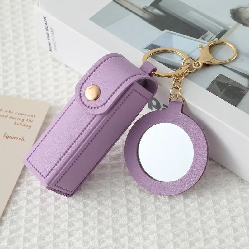 PU Leather Lipstick Holder Keychain with Flower Mirror