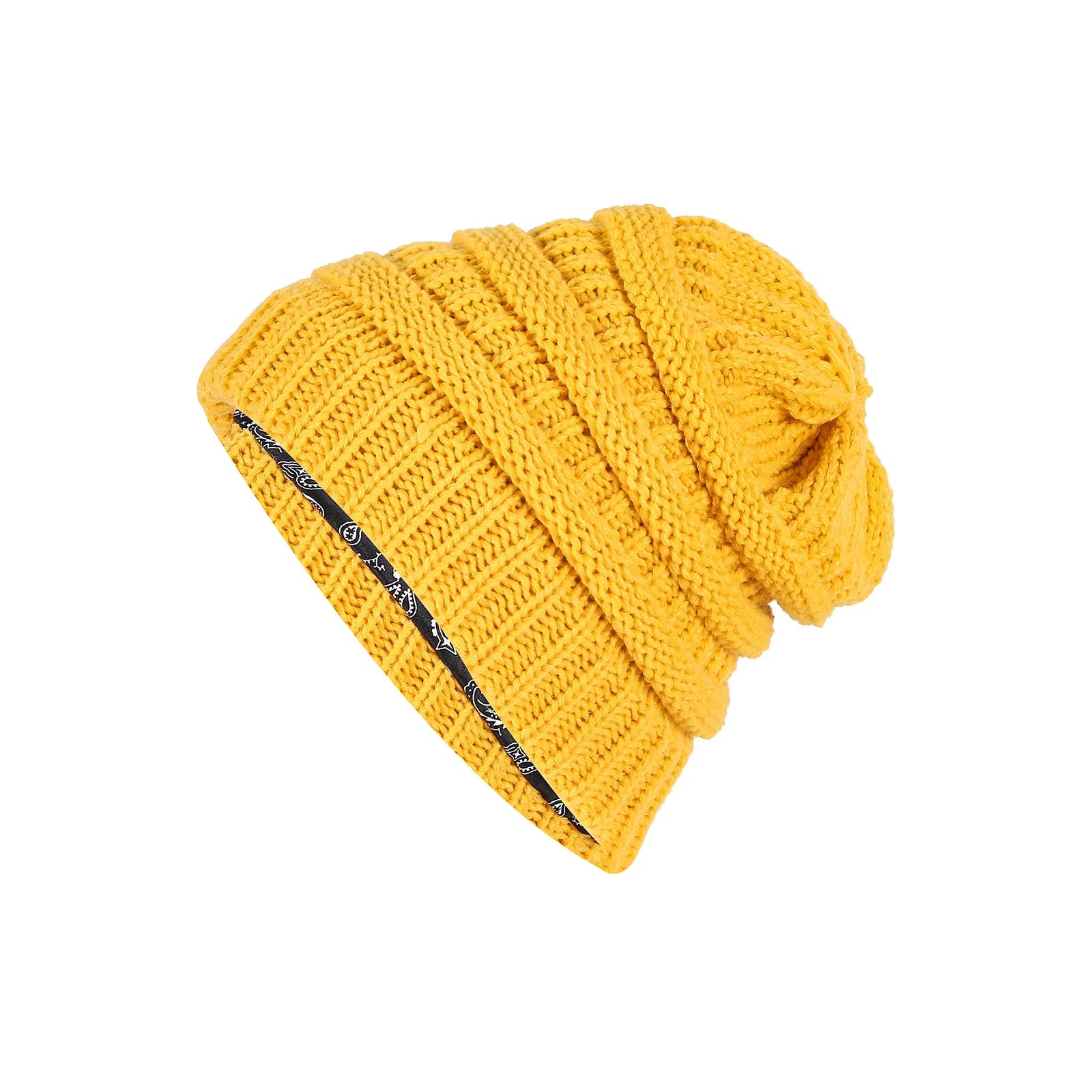Winter brimless hat with satin lining, twisted flower knit thick skull warm hat, cashew print lining Oasis Select YELLOW