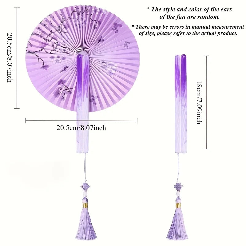 Folding Long-Handle Paper Hand Fan with Tassels, Compact Women's Pocket Fan with Magnetic Closure, Easy to Store and Carry Oasis Select