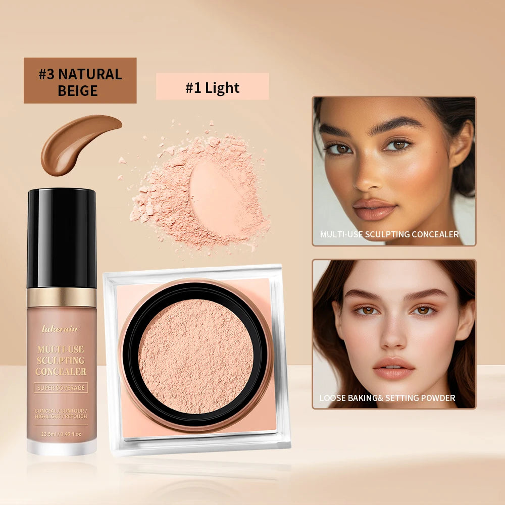 2pcs Face Makeup Set With Concealer And Loose Setting Powder Natural Face Smooth Matte Finish Women Cosmetics Korean Makeup Oasis Select SET 3