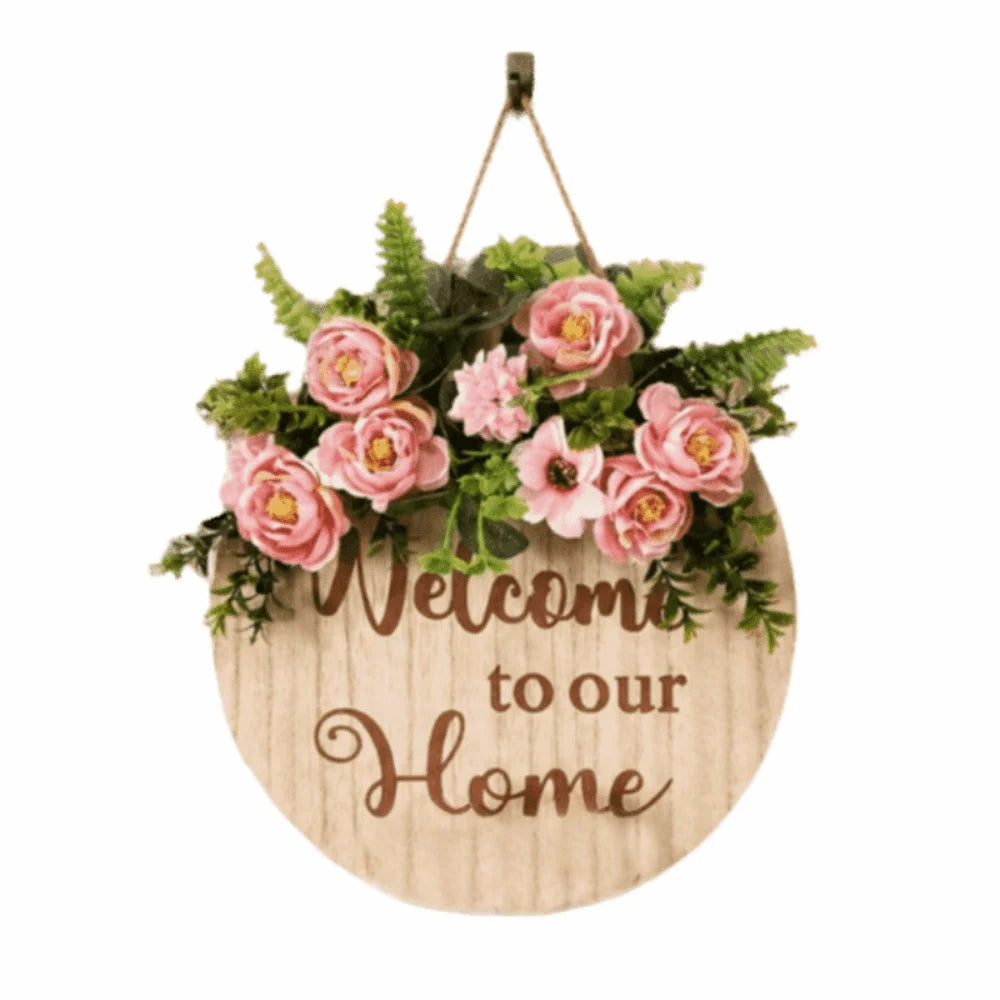 Creative 2D Flat Welcome Sign Wooden Bow Knot Hanging Decoration Flower Round Shape Wall Art Porch Decor Oasis Select Style A