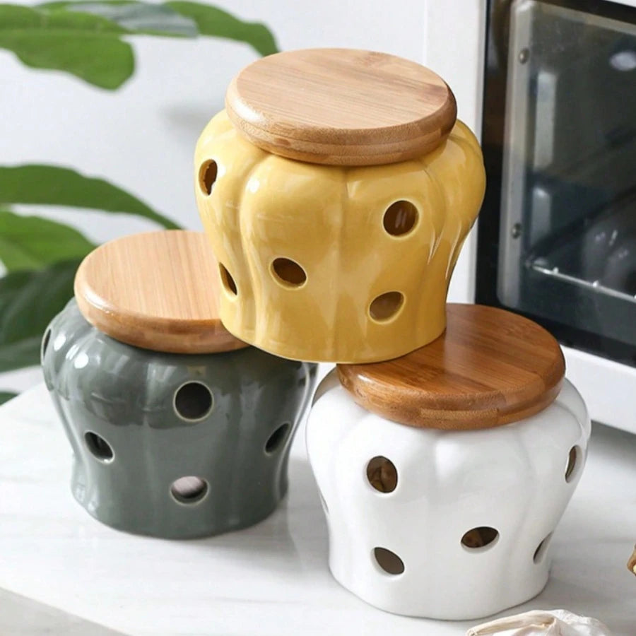 Ceramic Garlic Storage Jar Hollow Out Breathable Ginger Garlic Storage Jar Garlic Ginger Porcelain Container Kitchen Organizers Oasis Select