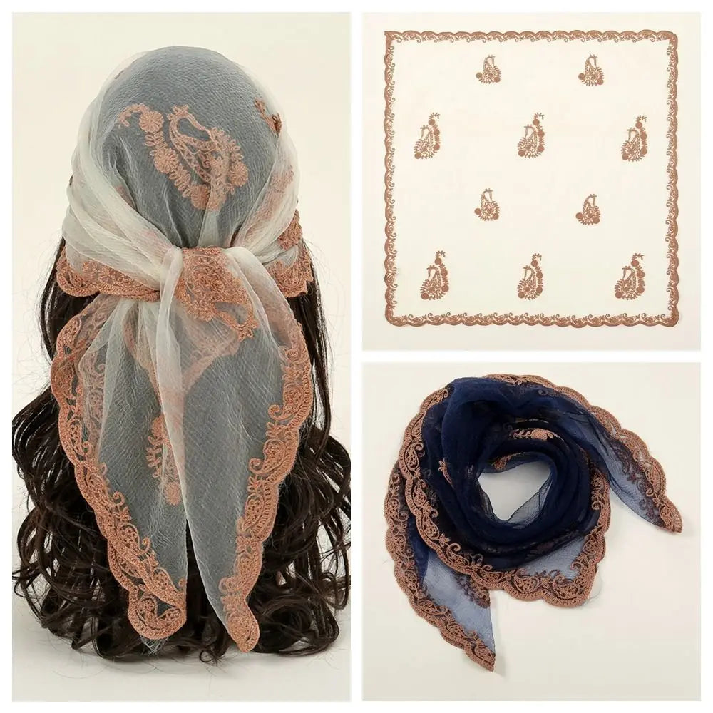 Elegant Square Lace Scarf Hollow Out Thin Foulard Bandana Floral Embroidery Vintage Hair Scarf Headband Women Oasis Select