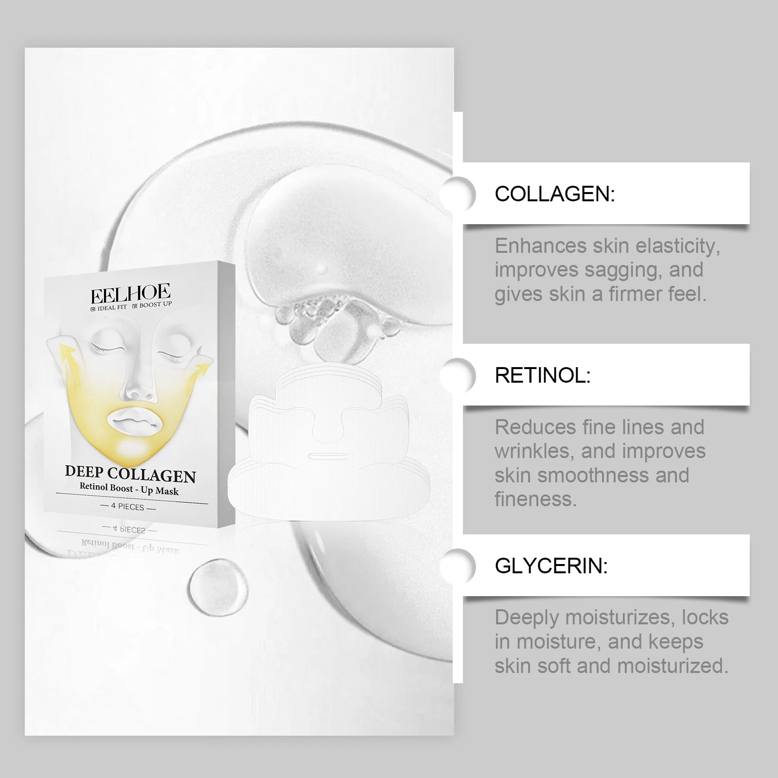 EELHOE Collagen Retinol Firming Face Mask – 4 Pack Anti-Aging Collagen Face Mask Oasis Select