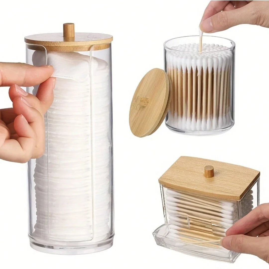 3pcs/set Makeup Coton Storage Box, Bamboo Lid Coton Swab Box, Portable Dust-Proof Transparent Placement Box, Bathroom Vanity Oasis Select