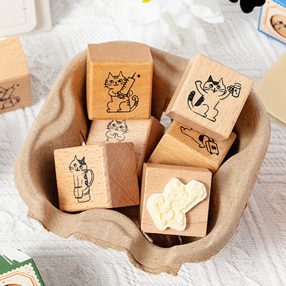 Wooden Rubber Stamps Animals Cat Patterns Stamps Set For DIY Craft Card Scrapbooking Supplies Photo Album Diary Decor Oasis Select