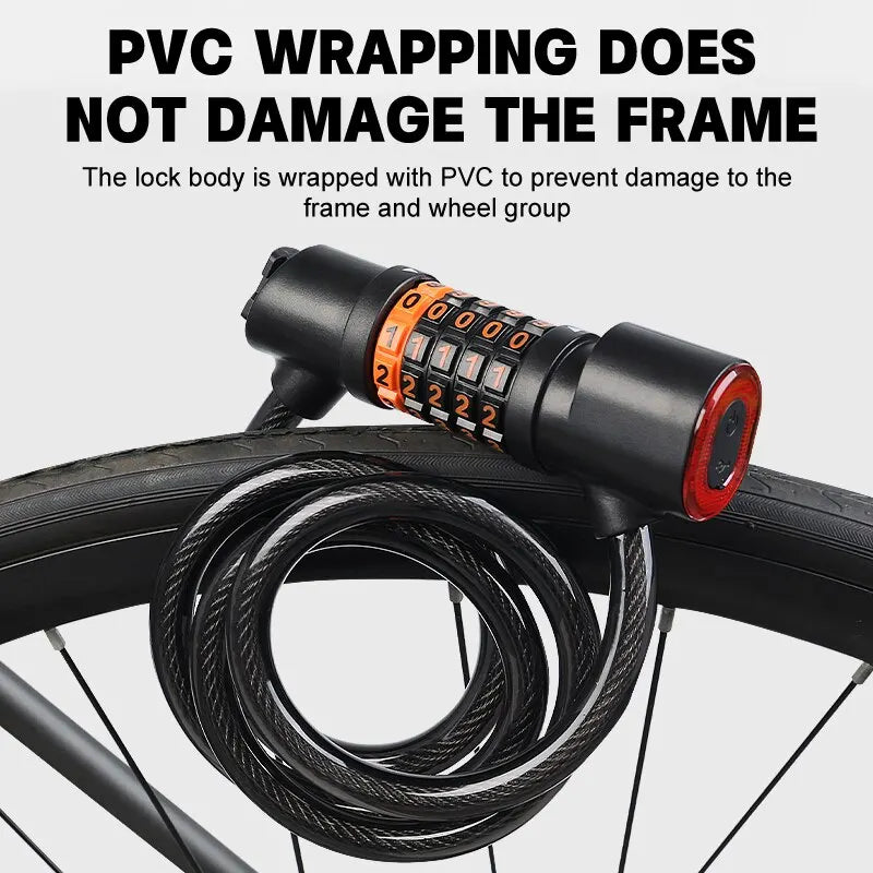 Bicycle Lock with Tail Light 5-Digit Security Password Bike Lock Steel Cable Chain Anti-theft Bicycle Bike Accessories Oasis Select