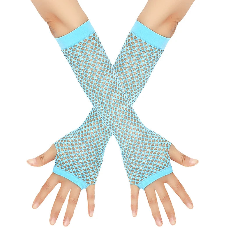 1Pair Women's Long Fingerless Fishnet Mesh Gloves Punk Rock Style Arm Warmers For Night Club Party Fashionable Sexy Gloves Oasis Select Blue