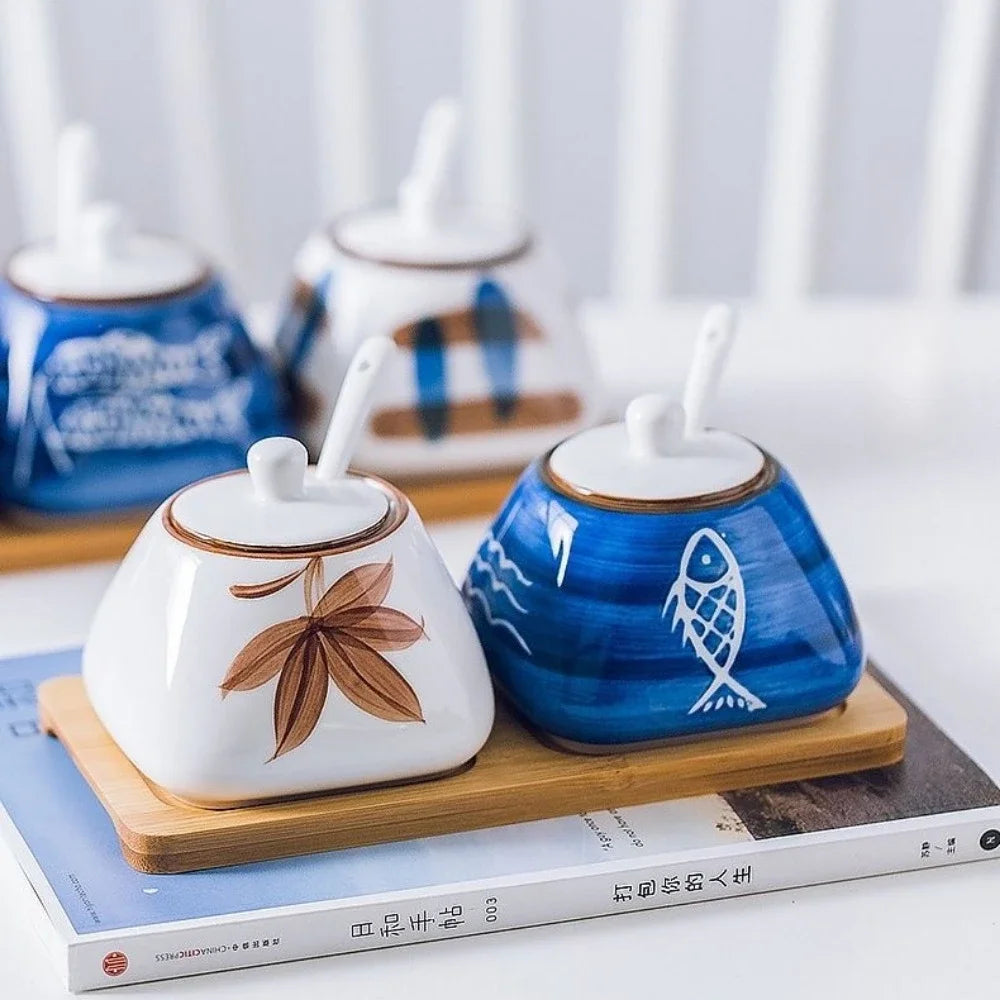 Japanese Seasoning Box, 300ml Bottle Pot Ceramic Chinese Antique Seasoning Salt Set Kitchen Lard Pepper Pot Oil Tank Household Oasis Select