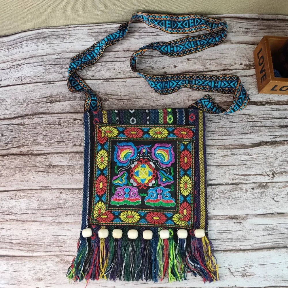 Ethnic Embroidered Linen Crossbody Bag | Tassel Bead Shoulder