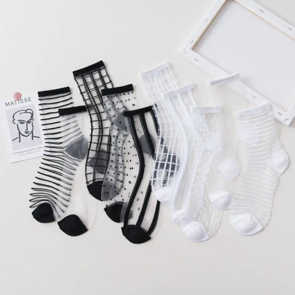 Women Ladies Socks Fashion Sheer Mesh Glass Silk Socks Ultrathin Transparent Crystal Lace Fabulous Elastic Summer Ankle Socks Oasis Select