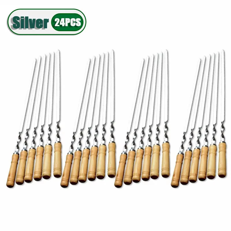 6-24PCS 55cm BBQ Fork BBQ Skewers Long Handle Kebab Barbecue Grill Sticks Reusable Stainless Steel Outdoor Camping Grill Needle Oasis Select Silver-24PCS