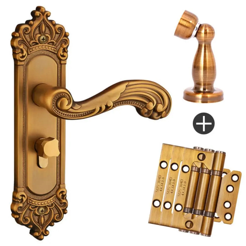 European Vintage Door Handle Lock Set with 3 Keys | Brass