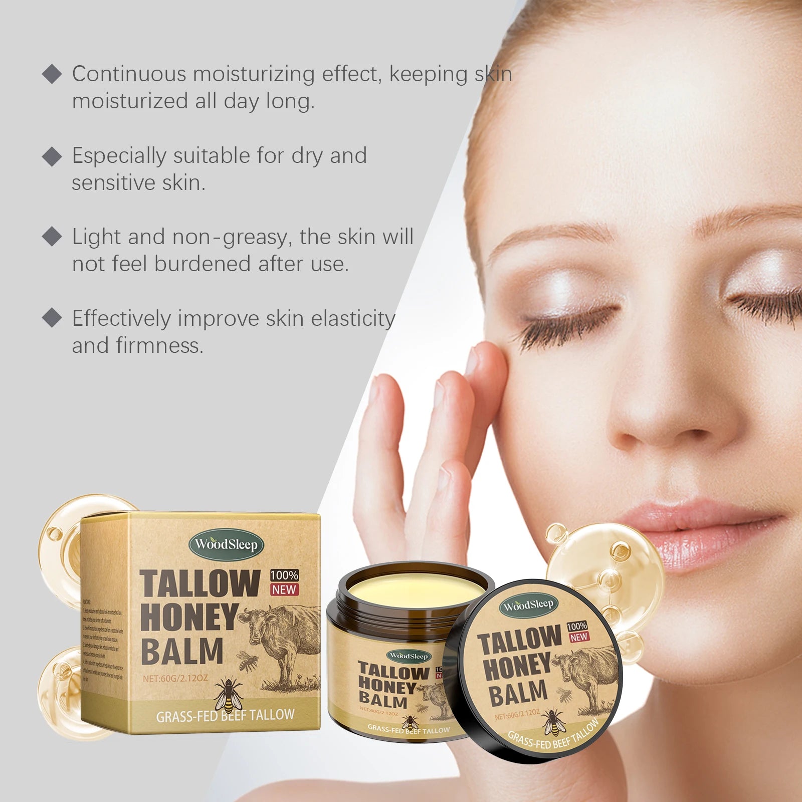Beef Tallow Honey Balm Moisturizing Hydrating Face Cream Body Lotion Fades Fine Lines Tighten Soothen Brightening Facial Skin Oasis Select