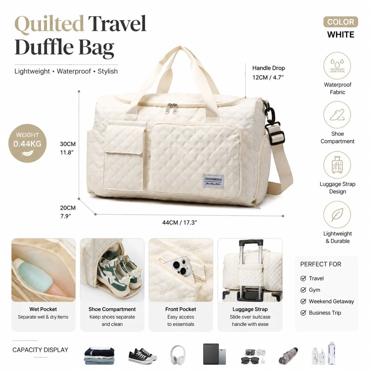 A spacious outdoor luggage bag with separate compartments for dry and wet items and dual-sided dividers Oasis Select WHITE