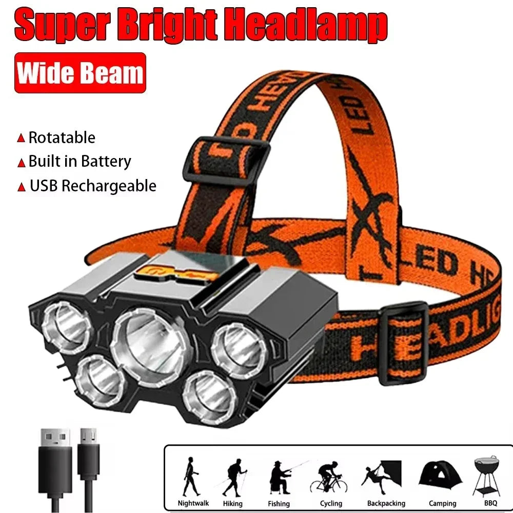 KDULIT 5LED Headlamp Strong Light Head Lamp USB Rechargeable Headlight Built-in 18650 Battery Fishing Flashlight Outdoor Lantern Oasis Select