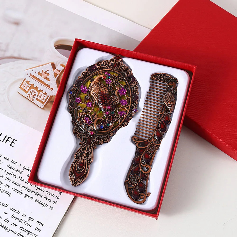Peacock Embossed Metal Vanity Mirror & Comb Set – 2 Pcs Vanity Mirror Set Oasis Select Red