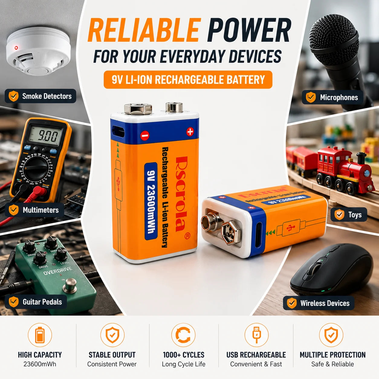 9V Rechargeable Li-ion Battery USB Charging High Capacity Power Cell with over 23500mWh for Microphone Multimeter Toys Guitar Oasis Select