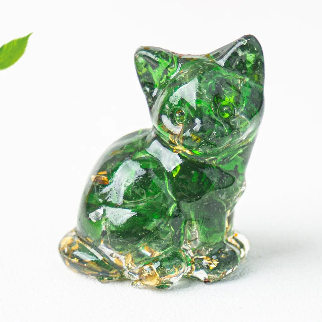 Natural Crystal Gravel Resin Sitting Turning Face Cat Figurine With Gold Foil Cute Desktop Decor For Home Office Oasis Select Clear Green Gold