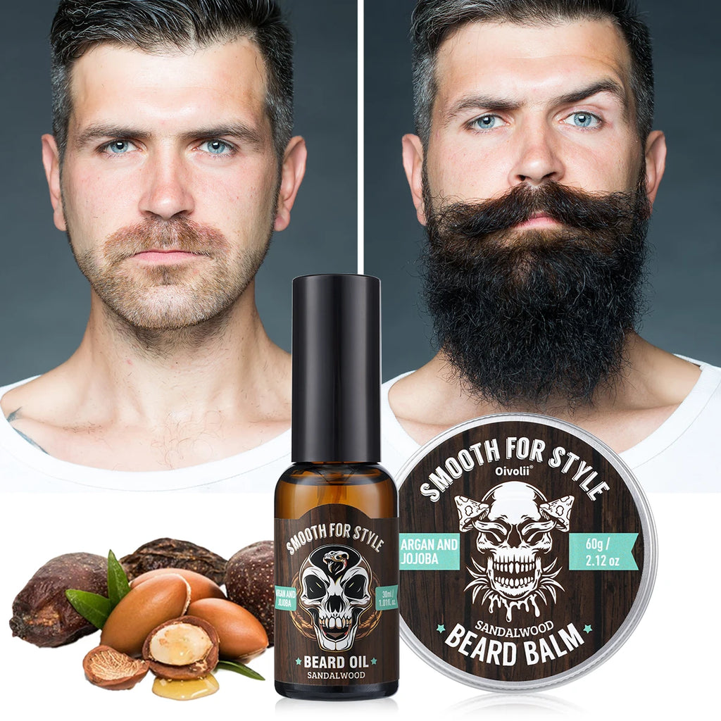 Sandalwood Beard Care Set: Oil & Balm with Argan Oil. Strengthens, hydrates, softens, adds luster. Sandalwood scent. Perfect gif Oasis Select