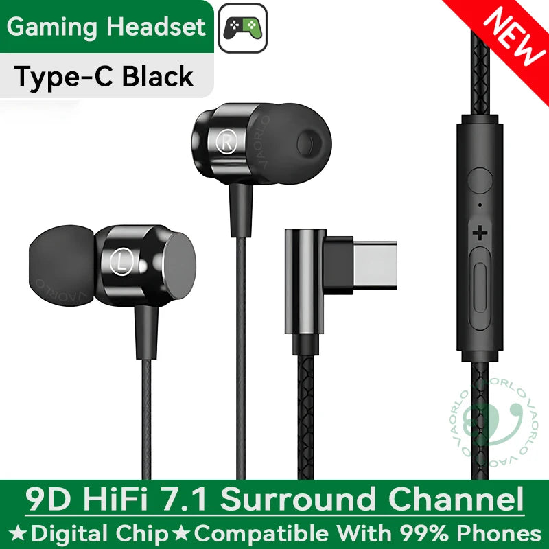 Digital Chip Wired Earphone 3.5mm AUX/Type C 9D HIFI Heavy Bass In-Ear Game Headsets For Samsung Huawei Xiaomi OPPO iPad PC MP3 Oasis Select (New) Type-C Black