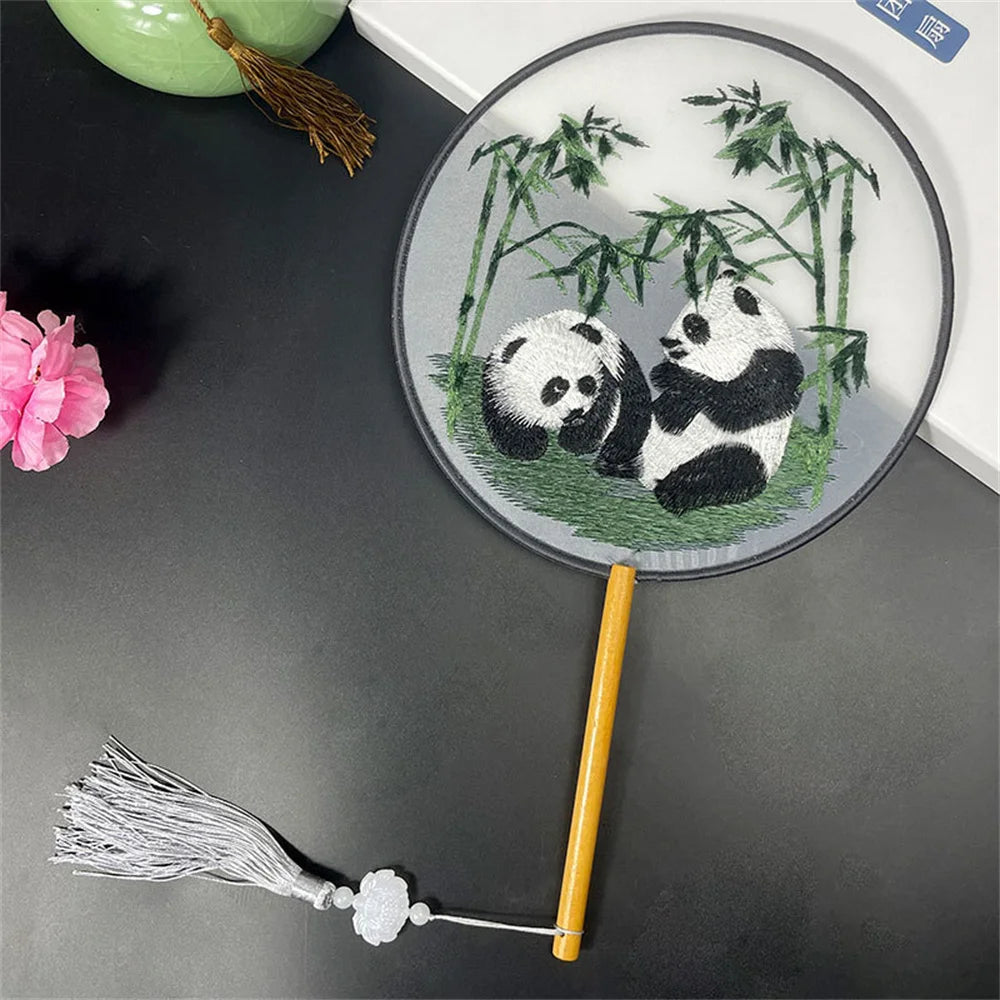 Round Double Sided Embroidery Fan Chinese Style Wooden Handle Embroidery Round Fan with Pendant Handheld Flower Silk Fan Oasis Select Style 3