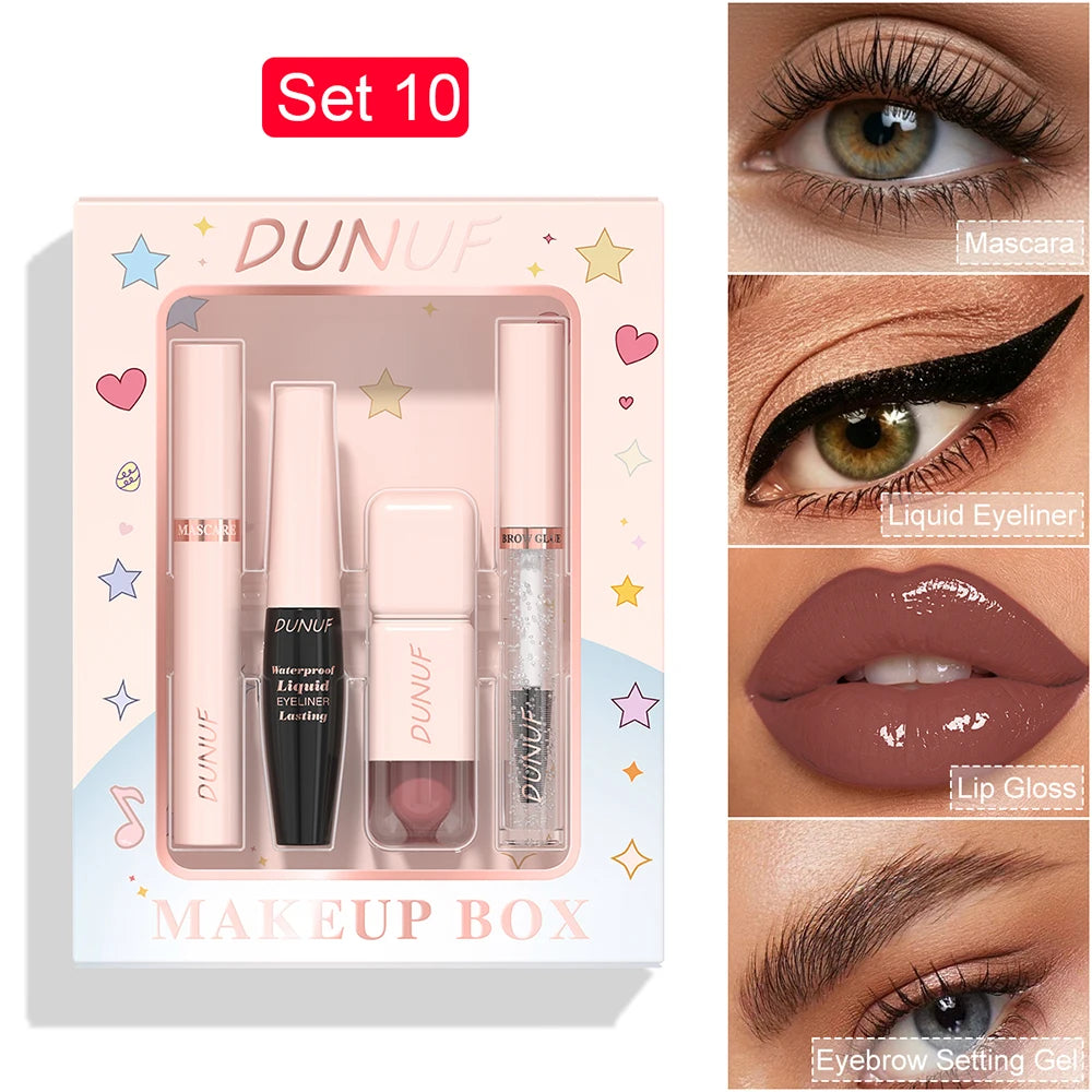 DUNUF 4-in-1 Makeup Gift Set Waterproof Long-Lasting Mascara Liquid Eyeliner Brow Setting Gel Moisturizing Lip Gloss with Mirror Oasis Select 10