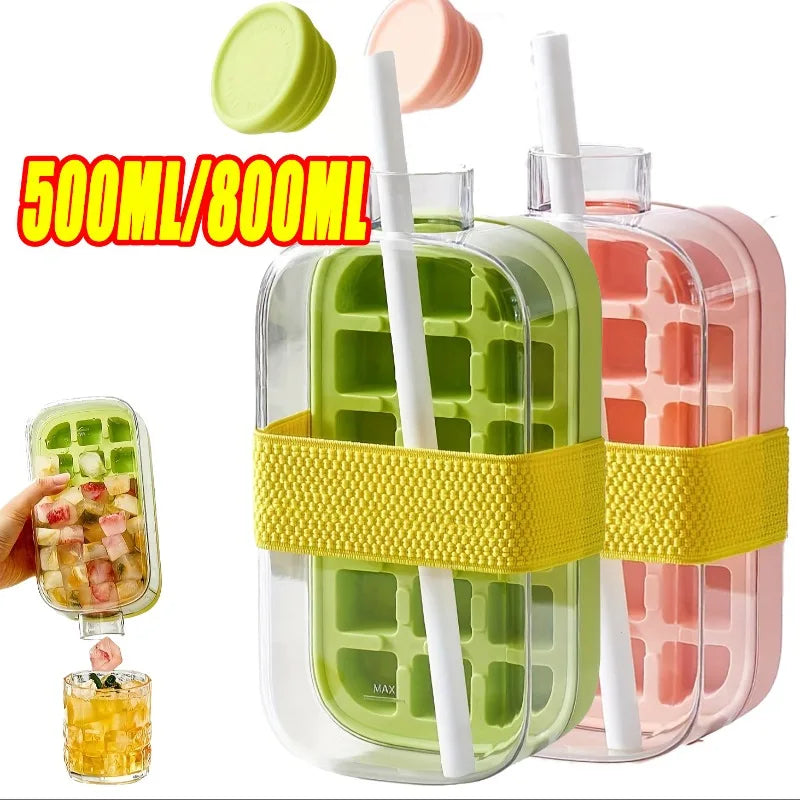 2-in-1 Ice Cube Tray Water Bottle with Press-to-Release Silicone Tray & Built in Bin Freezer-Safe Reusable Plastic with Straw Oasis Select