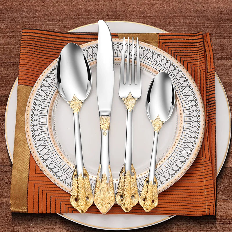 Stainless Steel Dinnerware Sets High-grade Knife Fork And Spoons Cutlery Kits Gold Plated Floral Pattern Tableware Dropship Oasis Select