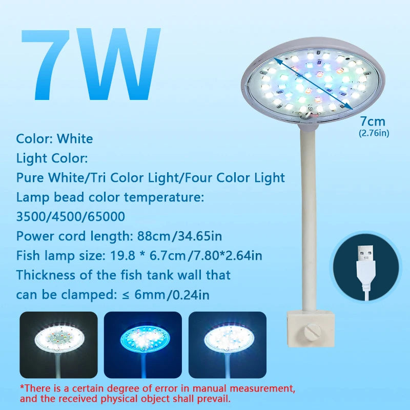 USB Fish Tank Small Clip Light Water Grass Light LED 3/5/7W Color Changing Adjustable Light Splash Proof Restore Natural Colors Oasis Select CN Plug USB-7W (White)