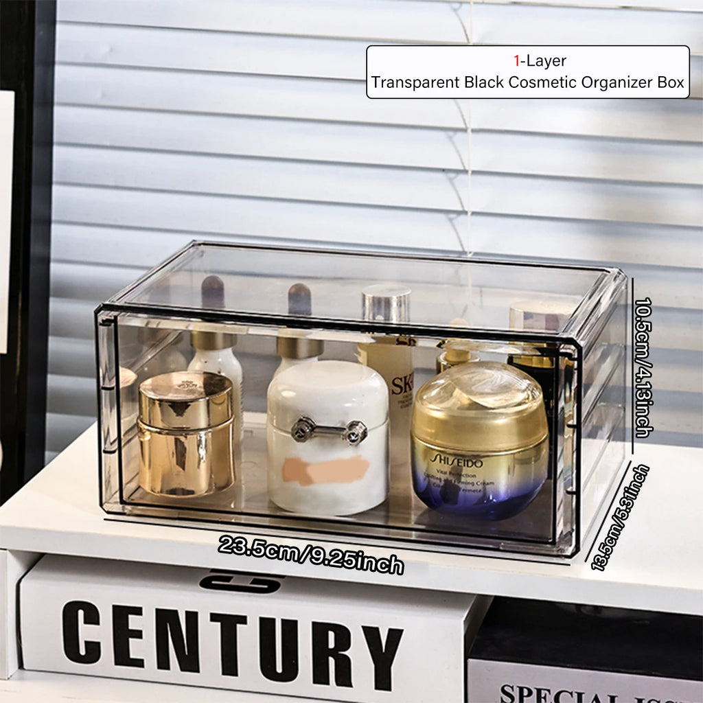 1pc Desktop Drawer Style Acrylic Transparent Black Cosmetics Storage Box Desktop Stackable Office Supplies Skincare Organizer Oasis Select 1layer