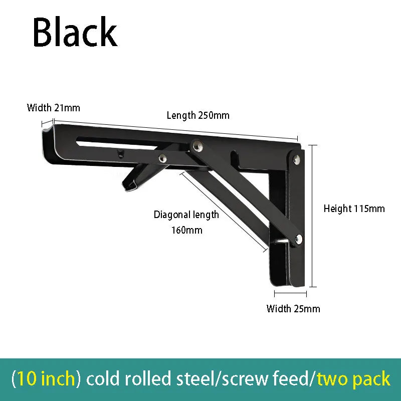 2PCS Thickened stainless steel folding bracket triangular bracket right angle holder wall shelf layer board bracket Oasis Select black-10inch 2pcs
