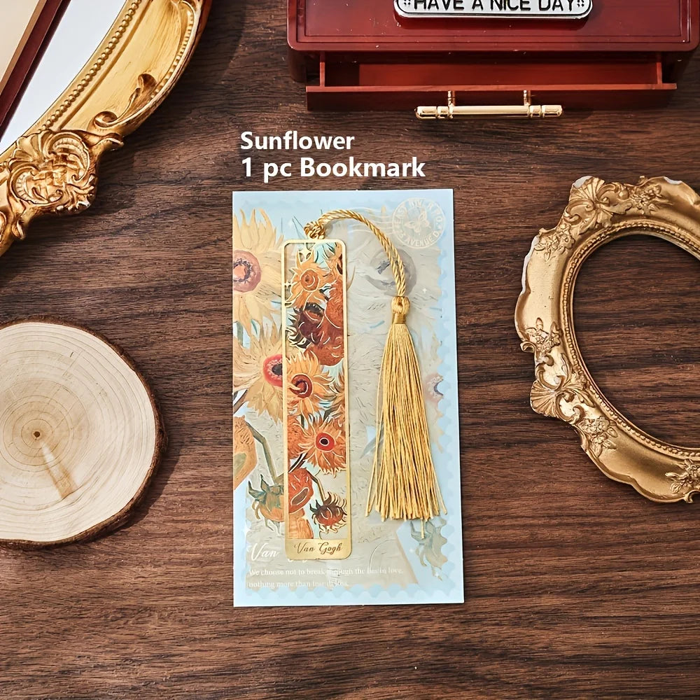Vintage Oil Painting Metal Bookmarks - Hollow Hot Stamping Long Tassel Bookmarks - Stationery Gifts for Book Clubs, Book Lovers, Oasis Select Sunflower