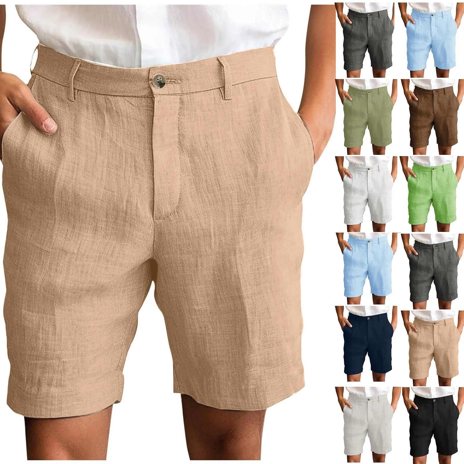 Summer Cotton Linen Shorts for Men Solid Casual Button Pocket Beach Shorts Men's Comfortable Simple Vacation Leiture Pants Oasis Select