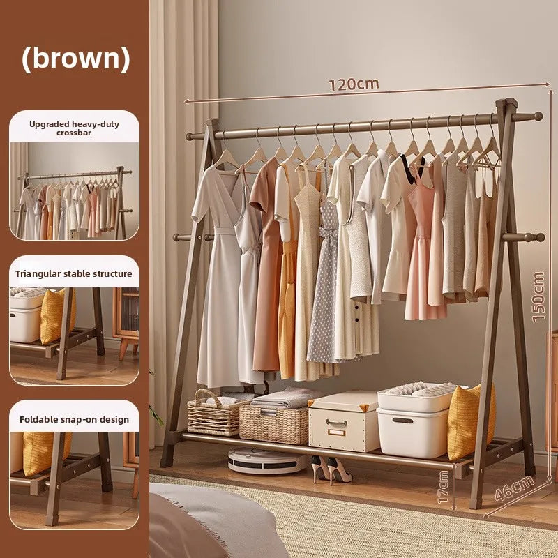 Solid wood coat rack household hanger floor-to-ceiling bedroom balcony drying clothes storage rack hanging bag rack Oasis Select Brown-120cm