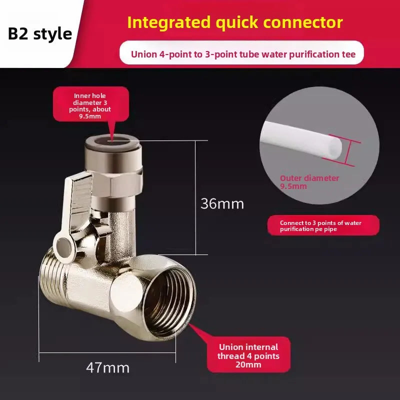 1PC RO Feed Water Adapter 1/2" to 1/4" With Shut-Off Ball Valve Faucet Tap Feed Reverse Osmosis Tee B Cold Hot Water Tube Oasis Select B2