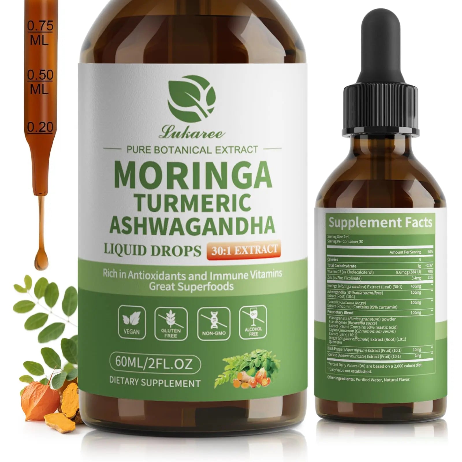12-in-1 Organic Moringa Drops with Ashwagandha Turmeric Quercetin for Energy Immune Joint Digestive Metabolism, Vegan Non-GMO Oasis Select