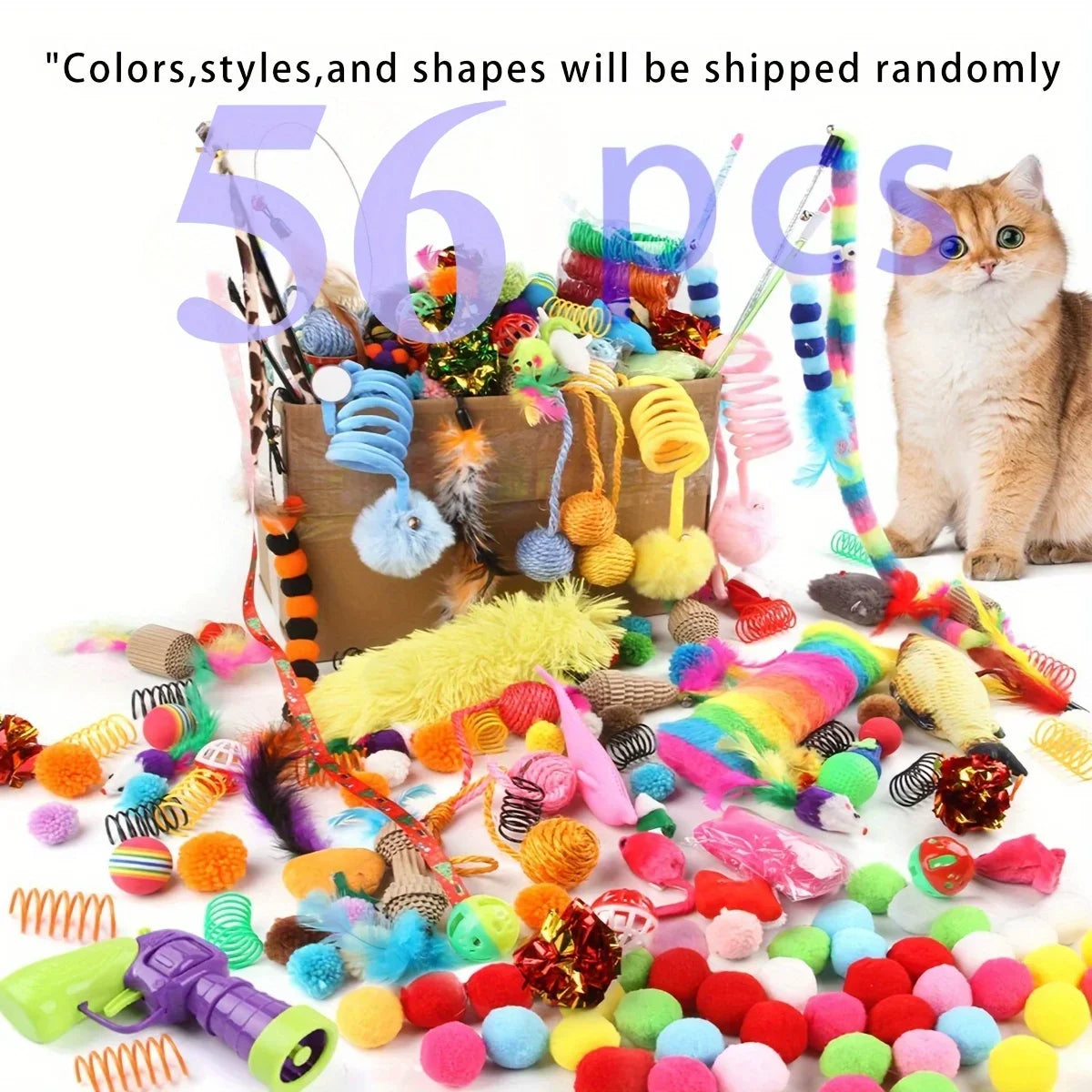 56pcs/28pcs/14pcs Kitten Toys Variety Pack-Pet Cat Toys Combination Set Cat Toy Funny Cat Stick Mouse Bell Ball Cat Supplies Oasis Select