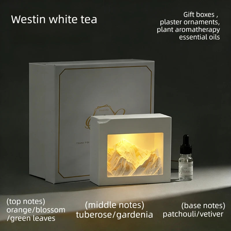 USB Aroma Diffuser Snow Mountain Stone Essential Oil Diffuser Aromatherapy Gift Box with 3 Color LED Light Home Fragrance Oasis Select golden white tea Gift box packaging
